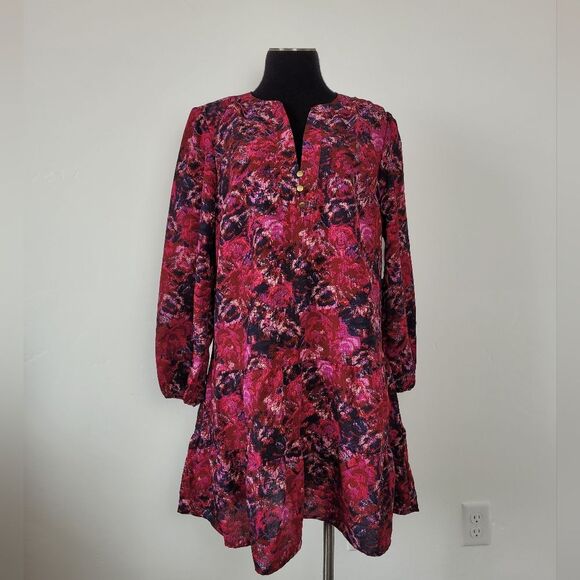 NEW Time & Tru Tiered Mini Dress Red Floral Paisley Boho Cottage Fairy Peasant - Picture 2 of 10